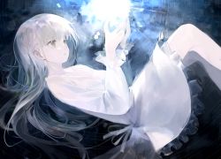 Rule 34 | 1girl, aspara, blue theme, cupping hands, dress, frilled dress, frills, from side, grey eyes, grey hair, hands up, highres, light rays, long hair, original, own hands together, parted lips, solo, white dress, white theme
