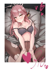 Rule 34 | 1boy, 1girl, absurdres, aru (blue archive), bed sheet, black bra, blue archive, blush, bra, breasts, brown pantyhose, censored, character name, cleavage, collarbone, demon horns, halo, heart, heart censor, highres, holding another&#039;s wrist, horns, implied sex, medium breasts, missionary, murabito c, navel, pantyhose, photo (object), pillow, pink hair, solo focus, spread legs, stomach, strap slip, sweat, torn clothes, torn pantyhose, underwear