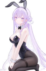 Rule 34 | 1girl, absurdres, alternate costume, animal ears, azur lane, bare shoulders, black bow, black bowtie, black leotard, black pantyhose, blush, bow, bowtie, breasts, cleavage, closed mouth, commentary request, detached collar, fake animal ears, highres, leotard, long hair, medium breasts, pantyhose, playboy bunny, purple eyes, purple hair, rabbit ears, rabbit tail, simple background, solo, tail, unicorn (azur lane), very long hair, white background, white wrist cuffs, wrist cuffs, zuu (qq770463651)