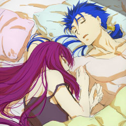Rule 34 | 1boy, 1girl, bare shoulders, blue hair, breasts, cu chulainn (fate), closed eyes, fate/grand order, fate/stay night, fate (series), jewelry, cu chulainn (fate/stay night), long hair, necklace, open mouth, pillow, purple hair, scathach (fate), scathach (fate), sleeping, topless