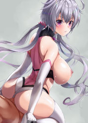 Rule 34 | 1boy, 1girl, ahoge, amasora taichi, ass, blush, breasts, censored, clothing aside, elbow gloves, girl on top, gloves, hair ornament, hair scrunchie, hetero, large breasts, leotard, leotard aside, light purple hair, long hair, looking at viewer, low twintails, mosaic censoring, nipples, open mouth, penis, pink leotard, purple eyes, reverse cowgirl position, scrunchie, senki zesshou symphogear, sex, sex from behind, simple background, solo focus, straddling, thighhighs, twintails, vaginal, white gloves, white thighhighs, yukine chris