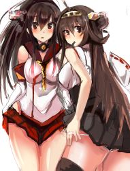 Rule 34 | 10s, 2girls, ahoge, bare shoulders, black skirt, blush, breasts, brown eyes, brown hair, commentary request, hair between eyes, hairband, highres, japanese clothes, kantai collection, kongou (kancolle), large breasts, long hair, looking at viewer, miniskirt, multiple girls, nontraditional miko, ponytail, red skirt, sketch, skirt, yamato (kancolle), yoshizawa tsubaki
