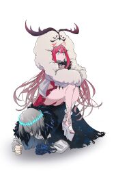 Rule 34 | 1boy, 1girl, antlers, baobhan sith (fate), baobhan sith (swimsuit pretender) (fate), baobhan sith (swimsuit pretender) (first ascension) (fate), cape, cernunnos (fate), character hood, clenched hand, commentary, crown, eye:, fate/grand order, fate (series), fur trim, grey hair, high heels, highres, horns, human chair, human furniture, long hair, medium hair, oberon (fate), oberon (third ascension) (fate), red hair, sitting, sitting on person