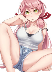 Rule 34 | 1girl, absurdres, akashi (kancolle), blue shorts, blush, breasts, collarbone, feet out of frame, green eyes, hair between eyes, hair ribbon, highres, holding, holding wrench, kantai collection, kiritto, large breasts, long hair, open mouth, pink hair, red ribbon, ribbon, shorts, simple background, solo, tress ribbon, white background, wrench