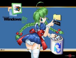Rule 34 | !, 00s, 1girl, 2004, apron, ass, blue background, blue dress, blush, bow, braid, cursor, dress, folder, from behind, garter straps, green hair, hair bow, long hair, looking at viewer, looking back, maid, me-tan, microsoft, microsoft windows, os-tan, panties, plait, puffy sleeves, recycle bin, red bow, short sleeves, skirt, thighhighs, trash can, twin braids, underwear, waist bow, white panties, white thighhighs, windows me, wrist cuffs, young wang