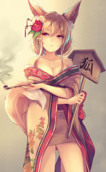 Rule 34 | 1girl, animal ears, bare shoulders, blonde hair, breasts, cleavage, eyebrows, flower, fox ears, hair flower, hair ornament, holding, holding smoking pipe, japanese clothes, kimono, kiseru, large breasts, nail polish, nakaichi (ridil), original, smoking pipe, red eyes, red nails, revision, short hair, solo, wide sleeves, yuujo