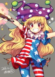 Rule 34 | 1girl, 2016, american flag dress, american flag legwear, blonde hair, blush, clownpiece, collar, dated, fairy wings, fire, frilled collar, frilled shirt collar, frills, grin, hat, iroyopon, jester cap, long hair, looking at viewer, nail polish, neck ruff, pantyhose, polka dot, red eyes, shirt, simple background, smile, solo, standing, star (symbol), striped, teeth, torch, touhou, very long hair, wings