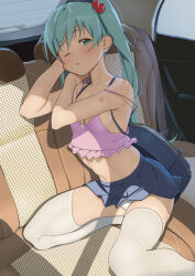 Rule 34 | aqua eyes, aqua hair, arm tattoo, arms up, bag, bare arms, bare shoulders, blue skirt, blush, breasts, camisole, car, cleavage, crop top, expressionless, frilled camisole, frills, furuyama itaru, hair ornament, hatsune miku, head on hand, head rest, heart, heart hair ornament, legs, legs apart, long hair, looking at viewer, midriff, motor vehicle, no pupils, one eye closed, panties, pantyshot, pink camisole, pleated skirt, school bag, shade, sideboob, sitting, skirt, sleeveless, small breasts, spaghetti strap, strap slip, swept bangs, tattoo, thighhighs, twintails, underwear, vehicle interior, vocaloid, white panties, white thighhighs, zettai ryouiki