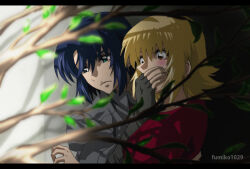 Rule 34 | 1boy, 1girl, artist name, athrun zala, blonde hair, blue hair, blush, branch, cagalli yula athha, couple, covered mouth, fumiko (mesushi), green eyes, grey jacket, gundam, gundam seed, gundam seed freedom, hand on another&#039;s mouth, hiding, jacket, plant, red shirt, shirt, short hair, yellow eyes