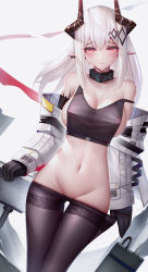 Rule 34 | 1girl, absurdres, arknights, bad id, bad pixiv id, binggong asylum, black gloves, black pantyhose, breasts, chinese commentary, cleavage, clothes pull, commentary request, cowboy shot, crop top, gloves, grey background, groin, highres, horns, large breasts, long hair, long sleeves, looking at viewer, midriff, mudrock (arknights), navel, pantyhose, pantyhose pull, partial commentary, pink eyes, pointy ears, revision, silver hair, smile, solo, standing, stomach, strap slip, thighband pantyhose, thighs