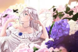 Rule 34 | 1girl, aircell, blue eyes, blue flower, blue rose, cecilia schariac, chair, commentary, dress, earrings, flower, frilled dress, frills, highres, honkai (series), honkai impact 3rd, jewelry, long hair, looking to the side, lounge chair, necklace, off shoulder, pearl necklace, rose, silver hair, solo, wedding dress