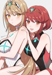 Rule 34 | 2girls, black one-piece swimsuit, blonde hair, blush, breasts, chest jewel, competition swimsuit, earrings, gem, headpiece, highres, jewelry, large breasts, long hair, looking at viewer, multiple girls, mythra (radiant beach) (xenoblade), mythra (xenoblade), one-piece swimsuit, peach11 01, pyra (pro swimmer) (xenoblade), pyra (xenoblade), red eyes, red hair, red one-piece swimsuit, short hair, swept bangs, swimsuit, tiara, two-tone swimsuit, xenoblade chronicles (series), xenoblade chronicles 2