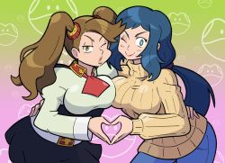 Rule 34 | 10s, 2girls, age difference, asymmetrical docking, blue hair, breast press, breasts, brown hair, denim, gundam, gundam build fighters, gundam build fighters try, hair ornament, haro, high-waist skirt, impossible clothes, impossible shirt, impossible sweater, iori rinko, jeans, large breasts, lips, lipstick, looking at viewer, makeup, multiple girls, one eye closed, pants, ribbed sweater, sazaki kaoruko, shenanimation, shirt, skirt, sweater, twintails, wink