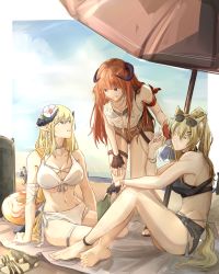 Rule 34 | 5girls, alternate hairstyle, arknights, arm ribbon, arm support, bagpipe (arknights), bare legs, bare shoulders, barefoot, beach, beach umbrella, bikini, black bikini, blonde hair, blue eyes, braid, breasts, brown shorts, ch&#039;en (arknights), cleavage, commentary request, flower, glk sier, green eyes, grin, hair flower, hair ornament, hand up, highres, horn (arknights), horns, hoshiguma (arknights), innertube, large breasts, long hair, looking at another, multiple girls, one eye closed, orange hair, outdoors, pointy ears, ponytail, purple eyes, ribbon, saileach (arknights), shirt, short shorts, shorts, side-tie bikini bottom, single braid, sleeveless, sleeveless shirt, smile, swim ring, swimsuit, thigh strap, thighs, umbrella, very long hair, white bikini, white flower, white ribbon, white shirt