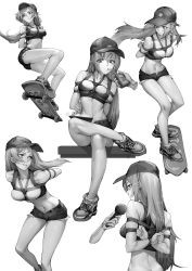 Rule 34 | 1girl, absurdres, arms behind back, baseball cap, bdsm, bondage, bound, bound arms, chen zi, commentary request, drinking, drinking straw, greyscale, grin, hat, highres, long hair, microphone, midriff, monochrome, navel, original, shibari, shoes, short shorts, shorts, sitting, skateboard, skindentation, smile, sneakers, tablet pc