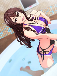 Rule 34 | 1girl, alternate costume, ashigara (kancolle), bare arms, bare shoulders, breasts, brown eyes, brown hair, cleavage, commentary request, cosplay, eyebrows, hairband, highres, kantai collection, kurohime kiryuu, large breasts, long hair, looking at viewer, open mouth, partially submerged, solo, swimsuit, water, yamato (kancolle) (cosplay), yamato (kancolle)