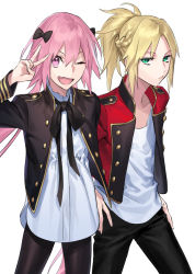 Rule 34 | 1boy, 1girl, astolfo (fate), black bow, black jacket, black pants, blonde hair, bow, braid, breasts, closed mouth, fang, fate/apocrypha, fate (series), french braid, green eyes, jacket, long hair, long sleeves, looking at viewer, mordred (fate), mordred (fate/apocrypha), multicolored hair, nakuta, one eye closed, open mouth, pants, pink hair, ponytail, purple eyes, red jacket, shirt, sidelocks, simple background, small breasts, smile, streaked hair, trap, white background, white hair, white shirt