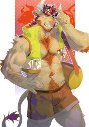 Rule 34 | 1boy, abs, animal ears, bara, bare pectorals, bare shoulders, beard, blush, brown hair, bulge, chest hair, chinese zodiac, cow ears, cow horns, cow tail, cowboy shot, cropped jacket, eyewear on head, facial hair, furry, furry male, green eyes, grey male swimwear, hairy, highres, horns, large pectorals, male focus, male swimwear, mature male, minotaur, muscular, muscular male, navel, navel hair, nipple piercing, nipple rings, nipples, nose piercing, original, pectorals, piercing, seato-hao, short hair, smile, solo, stomach, swim trunks, tail, thick thighs, thighs, year of the ox