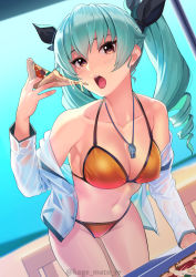 Rule 34 | 1girl, absurdres, anchovy (girls und panzer), aqua hair, armpits, bare shoulders, beach, bent over, bikini, black ribbon, blush, breasts, brown eyes, cleavage, collarbone, commentary request, day, food, girls und panzer, hair ribbon, halterneck, highres, kagematsuri, leaning forward, long hair, looking at viewer, medium breasts, navel, off-shoulder shirt, off shoulder, open mouth, pizza, ribbon, see-through, see-through shirt, shirt, solo, standing, string bikini, swimsuit, see-through shirt, twintails, whistle, whistle around neck