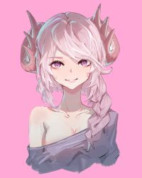 Rule 34 | 1girl, absurdres, alternate costume, braid, breasts, casual, cleavage, collarbone, cropped torso, dragon girl, dragon horns, duel monster, highres, horns, looking at viewer, mahcl (mhcl3466), medium breasts, nurse dragonmaid, off shoulder, pink background, pink eyes, pink hair, pink theme, simple background, single bare shoulder, sketch, smile, solo, upper body, yu-gi-oh!