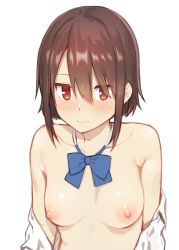 Rule 34 | 1girl, 3:, blush, bow, bowtie, breasts, brown hair, character request, copyright request, hair between eyes, looking at viewer, mikazuchi zeus, nipples, off shoulder, open clothes, open shirt, red eyes, shirt, short hair, simple background, small breasts, solo, upper body, white background