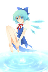 Rule 34 | 1girl, bad id, bad pixiv id, barefoot, blue eyes, blue hair, cirno, dress, embodiment of scarlet devil, feet, female focus, full body, gradient background, hands on feet, matching hair/eyes, meimone, ribbon, smile, solo, touhou, water, white background, wings