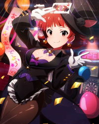 Rule 34 | 10s, 1girl, bow, bowtie, breasts, card, confetti, gloves, happy new year, hat, idolmaster, idolmaster million live!, looking at viewer, new year, nonohara akane, official art, pantyhose, playing card, red eyes, red hair, short hair, solo, top hat, white gloves
