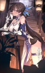 Rule 34 | 1girl, bare shoulders, black shorts, braid, breasts, brown hair, china dress, chinese clothes, crossed legs, dress, elbow gloves, fingerless gloves, gloves, halterneck, head, honkai (series), honkai impact 3rd, lantern, large breasts, li sushang, li sushang (jade knight), long hair, looking at viewer, parted lips, plant, potted plant, shorts, side braid, sleeveless, sleeveless dress, stairs, sword, thighs, weapon, white dress, white gloves, wing hair ornament, wu-qiao, yellow eyes