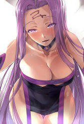 Rule 34 | 1girl, :d, akinaie, bare shoulders, black dress, blush, breasts, cleavage, collar, collarbone, covered navel, cowboy shot, detached collar, dress, elbow gloves, facial mark, fate/stay night, fate (series), forehead, forehead mark, foreshortening, gloves, hanging breasts, large breasts, leaning forward, long hair, looking at viewer, medusa (fate), medusa (rider) (fate), open mouth, purple eyes, purple hair, rectangular pupils, sleeveless, smile, solo, standing, strapless, strapless dress, thigh gap, thighs, tsurime, very long hair, white background
