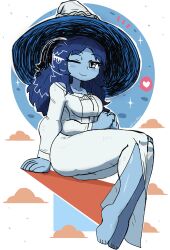 Rule 34 | 1girl, absurdres, arm support, barefoot, blue eyes, blue hair, blue skin, blush, breasts, cloud, collarbone, colored skin, dress, elden ring, extra arms, from software, hat, heart, highres, large breasts, long hair, long sleeves, looking at viewer, one eye closed, own hands together, ranni the witch, sitting, smile, sparkle, speech bubble, spoken heart, thick thighs, thighs, tony welt, white background, white dress, white headwear, wink, witch, witch hat