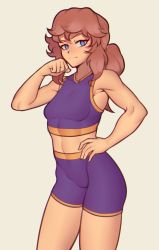 Rule 34 | 1girl, a hat in time, aged up, alternate costume, biceps, blue eyes, bra, breasts, brown hair, closed mouth, fujimna, hand on own hip, hat kid, highres, looking at viewer, muscular, muscular female, navel, purple bra, purple sports bra, short hair, short ponytail, simple background, small breasts, smile, solo, sports bra, tagme, underwear