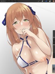 Rule 34 | 1girl, bare shoulders, bikini, bikini pull, blue ribbon, blush, breasts, brown hair, closed mouth, clothes pull, collarbone, girls&#039; frontline, gradient background, green eyes, grey background, hair between eyes, hair ribbon, highres, large breasts, long hair, looking at viewer, misekai 555, nipples, o-ring, official alternate costume, one breast out, ribbon, sidelocks, solo, springfield (girls&#039; frontline), springfield (stirring mermaid) (girls&#039; frontline), sweat, swimsuit, thighs, white bikini