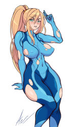 Rule 34 | 1girl, allanel, areola slip, blonde hair, blush, bodysuit, breasts, clenched teeth, collarbone, covered erect nipples, frown, green eyes, hand up, highres, large breasts, long hair, metroid, nintendo, ponytail, samus aran, sitting, solo, teeth, thick thighs, thighs, torn clothes, white background, wide hips, zero suit