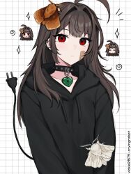 Rule 34 | 1girl, ahoge, animal, animal on head, artist name, bandaid, bandaid on cheek, bandaid on face, black collar, black hoodie, brown hair, bug, cable, cable tail, circuit board, closed mouth, collar, drawstring, ear piercing, electric plug, electric plug tail, emoji, grid background, hair intakes, heart, highres, hood, hood down, hoodie, insect, long hair, looking at viewer, mechanical tail, mole, mole under eye, moth, negative space, on head, original, piercing, red eyes, ringed eyes, solo, studded collar, tail, tail raised, upper body, vickie (cryingrobot), vickie (cryingrobot) (character), white background
