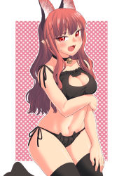 Rule 34 | 1girl, animal ear fluff, arm at side, arm under breasts, bare shoulders, bell, black choker, black thighhighs, blunt bangs, blush, braid, breast hold, breasts, cat lingerie, choker, cleavage, cleavage cutout, clothing cutout, collarbone, commentary request, dotted background, extra ears, fangs, fingernails, fuuzasa, hair down, hand on own thigh, hand on thigh, highres, jingle bell, kaenbyou rin, kneeling, large breasts, medium breasts, meme attire, multiple tails, navel, nekomata, open mouth, outside border, pointy ears, red eyes, red hair, sidelocks, solo, stomach, sweatdrop, tail, thighhighs, thighs, touhou, twin braids, two tails, underwear, underwear only