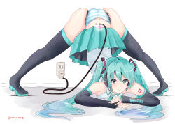 Rule 34 | 1girl, android, aqua eyes, aqua hair, artist name, ass, blue eyes, blue hair, blush, boots, butt crack, charging, clothes lift, detached sleeves, hair ornament, hatsune miku, highres, jack-o&#039; challenge, joints, long hair, looking at viewer, matching hair/eyes, necktie, plug, rasen manga, robot joints, skirt, skirt lift, solo, tattoo, thigh boots, thighhighs, top-down bottom-up, twintails, usb cable, very long hair, vocaloid