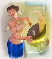 Rule 34 | 1girl, absurdres, bandaid, bandaid on arm, black hair, blue pants, breasts, brown eyes, capcom, casual, chun-li, cleavage, commentary, cooking, double bun, english commentary, flipping food, food, fried rice, hair bun, highres, ladle, large breasts, meme, muscular, muscular female, open mouth, pants, quasimodox, fried rice prank (meme), short hair, solo, stove, street fighter, striped, sweat, tank top, towel, towel on one shoulder, turning head, vertical stripes, wok, yoga pants