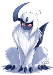 Rule 34 | absol, claws, closed mouth, creatures (company), forehead jewel, game freak, gen 3 pokemon, horns, knox is not dead, nintendo, pokemon, pokemon (creature), red eyes, single horn, sitting, solo, white background, white hair