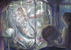 Rule 34 | 2boys, 3girls, :d, aquarium, bare shoulders, blonde hair, bubble, cindymeimezu, clenched hand, conjoined, curly hair, display case, dress, fins, fish, frilled dress, frills, full body, green eyes, hand on own chest, highres, information sheet, jewelry, kneeless mermaid, long hair, mermaid, monster girl, multiple boys, multiple girls, necklace, open mouth, original, pearl necklace, pink eyes, plant, price tag, red curtains, scales, smile, solo focus, spotlight, submerged, white dress