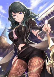 Rule 34 | 1girl, armor, black hair, black shorts, blue sky, breasts, brown pantyhose, byleth (female) (fire emblem), byleth (fire emblem), cloud, cloudy sky, commentary request, day, fire emblem, fire emblem: three houses, highres, jacket, jacket on shoulders, lace, lace-trimmed legwear, lace trim, long hair, looking at viewer, medium breasts, midriff peek, nakabayashi zun, navel, nintendo, outdoors, pantyhose, pantyhose under shorts, parted lips, shorts, shoulder armor, sky, smile, solo, sword, turtleneck, weapon