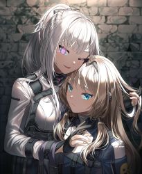 Rule 34 | 2girls, ak-12 (girls&#039; frontline), an-94 (girls&#039; frontline), artificial eye, bad id, bad twitter id, black gloves, blue eyes, braid, brick wall, closed mouth, french braid, girls&#039; frontline, gloves, hairband, long hair, long sleeves, looking at viewer, multiple girls, one eye closed, partially fingerless gloves, purple eyes, silence girl, silver hair, upper body