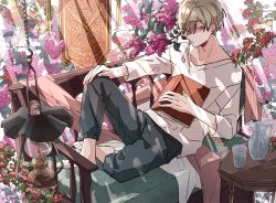 Rule 34 | 1boy, absurdres, barefoot, black pants, book, brown eyes, brown hair, closed mouth, collarbone, commentary request, cup, drinking glass, earrings, expressionless, flower, flower request, full body, hand on own knee, hanging lantern, highres, huge filesize, jewelry, kankara nashi, lantern, looking at viewer, male focus, on bench, original, pants, pitcher (container), purple flower, red flower, shirt, short hair, sitting, solo, sunlight, table, twitter username, white shirt