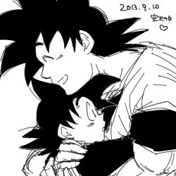 Rule 34 | 2boys, black eyes, black hair, child, closed eyes, dated, dougi, dragon ball, dragonball z, father and son, greyscale, happy, heart, hug, male focus, miiko (drops7), monochrome, multiple boys, short hair, simple background, smile, son goku, son goten, spiked hair, translation request, white background