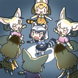 Rule 34 | 10s, 6+girls, :3, :d, animal ears, blonde hair, blush, chibi, commentary request, common raccoon (kemono friends), elbow gloves, fennec (kemono friends), fox ears, fox tail, from behind, gloves, grey hair, inukoro (spa), kemono friends, lowres, multiple girls, open mouth, raccoon ears, raccoon tail, serval (kemono friends), serval print, serval tail, smile, tail, | |