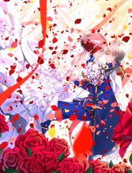 Rule 34 | 1boy, 1girl, ^ ^, akagami no shirayukihime, arch, bare shoulders, blue pants, blue shirt, blush, bouquet, bridal veil, cape, church, closed eyes, couple, dress, dutch angle, epaulettes, eyebrows, flower, forehead-to-forehead, frilled dress, frills, from side, glass, gloves, hand on another&#039;s back, hand on another&#039;s head, heads together, hetero, high collar, highres, holding, holding bouquet, indoors, lace trim, leaf, lily (flower), long dress, long sleeves, motion blur, open mouth, pants, profile, red flower, red hair, red ribbon, red rose, ribbon, rose, shirayuki (akagami no shirayukihime), shirt, short hair, silver hair, sleeveless, sleeveless dress, smile, standing, sword, swordsouls, veil, weapon, wedding, wedding dress, white dress, white flower, white gloves, zen wistalia