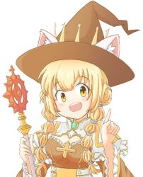 Rule 34 | 1girl, animal ear headwear, animal ears, arch bishop (ragnarok online), blonde hair, blush, breasts, brown dress, brown hat, cat ears, cleavage, cleavage cutout, clothing cutout, commentary request, crosier, cross, crown, double bun, dress, fake animal ears, frilled dress, frilled sleeves, frills, hair bun, hat, holding, holding staff, index finger raised, juliet sleeves, long hair, long sleeves, looking at viewer, medium bangs, medium breasts, multi-tied hair, oekakomi, official alternate costume, open mouth, puffy sleeves, ragnarok online, sidelocks, simple background, smile, solo, staff, teeth, two-tone dress, upper body, upper teeth only, white background, white dress, witch hat, yellow eyes
