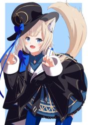 Rule 34 | 1girl, :d, animal ears, black headwear, black jacket, blonde hair, blue background, blue bow, blue eyes, blue skirt, border, bow, cat ears, cat girl, cat tail, detached sleeves, fang, fukurou (hukurou), highres, jacket, leaning forward, looking at viewer, open mouth, prism project, skin fang, skirt, sleeveless, sleeveless jacket, smile, solo, tail, tokimori aoi, virtual youtuber, white border
