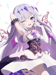Rule 34 | 1girl, absurdres, armpits, bare shoulders, breasts, detached collar, detached sleeves, gem, grey hair, hand on own face, highres, hololive, hololive english, koseki bijou, koseki bijou (1st costume), leg up, long hair, one eye closed, open mouth, pink nails, purple eyes, small breasts, solo, very long hair, virtual youtuber, wuqi wupenguin