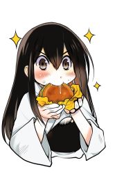 Rule 34 | 1girl, akagi (kancolle), black hair, blush, brown eyes, burger, commentary request, cropped torso, eating, food, food on face, hair between eyes, highres, holding, holding food, japanese clothes, kagesaki yuna, kantai collection, long hair, muneate, saliva, simple background, solo, sparkle, sweat, white background, wide sleeves
