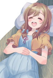 Rule 34 | 1girl, :d, ^ ^, bed, blue dress, blush stickers, breasts, brown hair, cardigan, closed eyes, cream (nipakupa), dress, kunikida hanamaru, large breasts, long hair, love live!, love live! sunshine!!, lying, medium breasts, on back, open mouth, pillow, shirt, short twintails, smile, solo, tight clothes, tight dress, twintails, yellow shirt